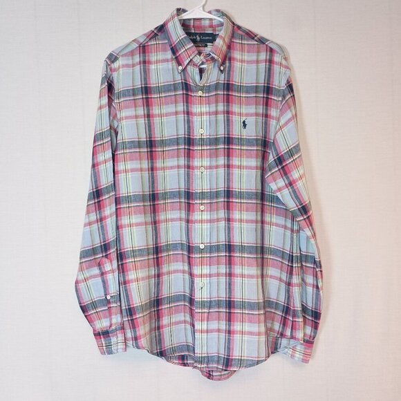 Ralph Lauren Men's 100% Plaid Linen Long Sleeve Button Down Shirt Size M Preppy - Picture 1 of 8